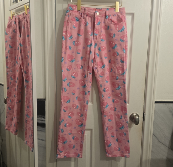 Sugar Thrillz Denim - Sugar Thrillz Pink Strawberry Print Straight Leg Jeans